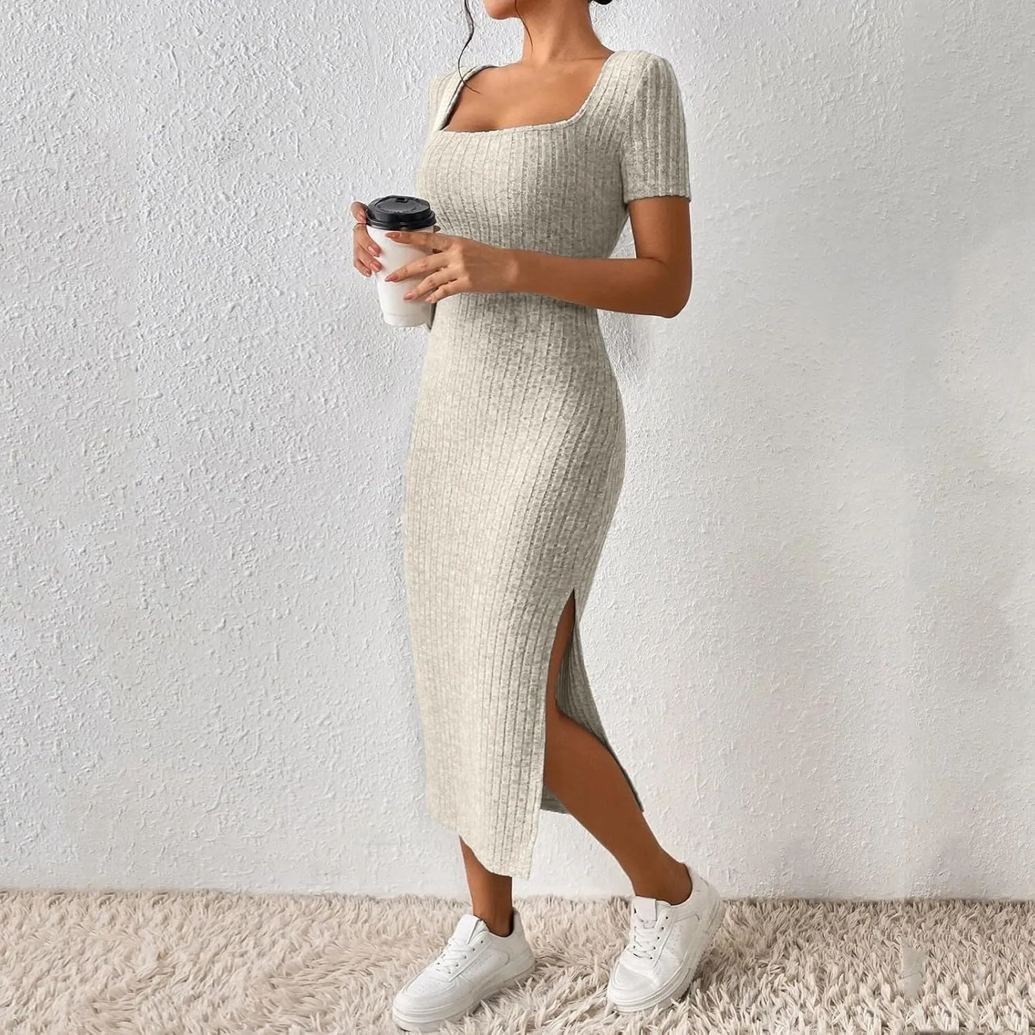 Bodycon Dresses for Women Knit Square Neck Short Sleeve Midi Dress Summer Side Slit Party Homecoming Dresses