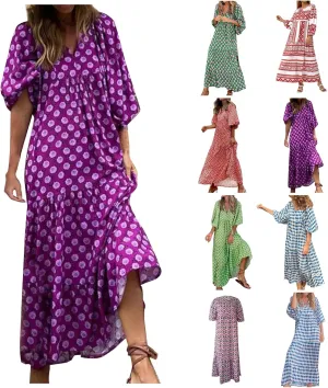 Boho Dresses for Women 2025 Puff Sleeve Geometric Tiered Maxi Dress Summer Comfy Shift Bohemian Beach Long Dress
