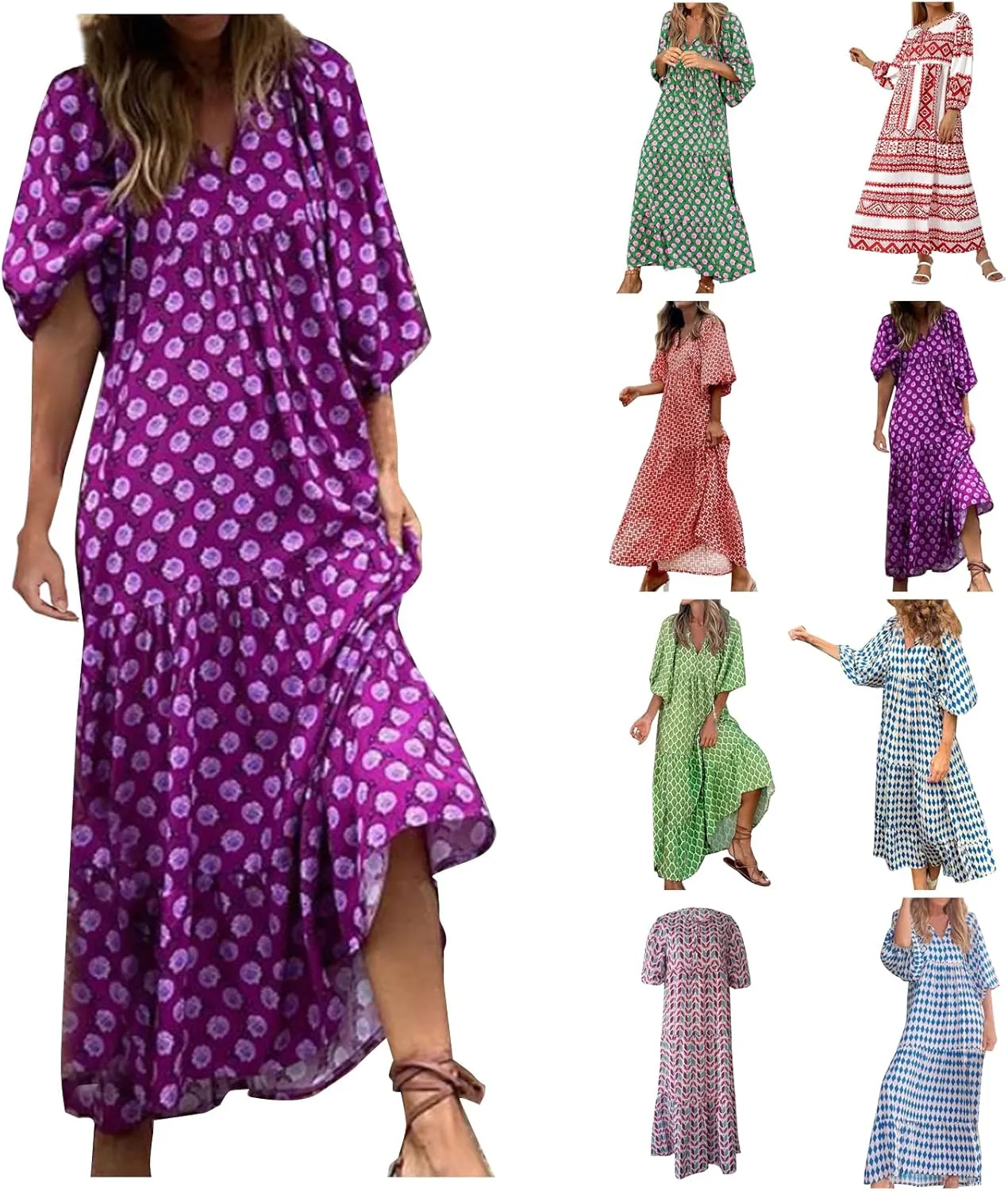 Boho Dresses for Women 2025 Puff Sleeve Geometric Tiered Maxi Dress Summer Comfy Shift Bohemian Beach Long Dress