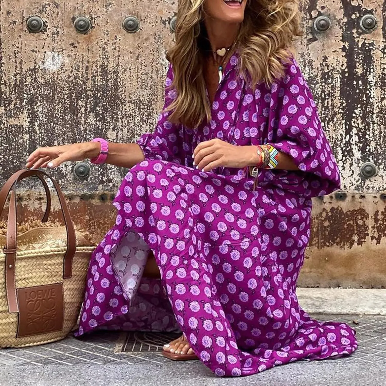 Boho Dresses for Women 2025 Puff Sleeve Geometric Tiered Maxi Dress Summer Comfy Shift Bohemian Beach Long Dress