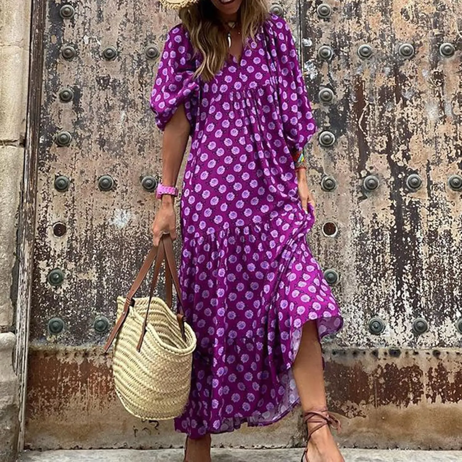 Boho Dresses for Women 2025 Puff Sleeve Geometric Tiered Maxi Dress Summer Comfy Shift Bohemian Beach Long Dress