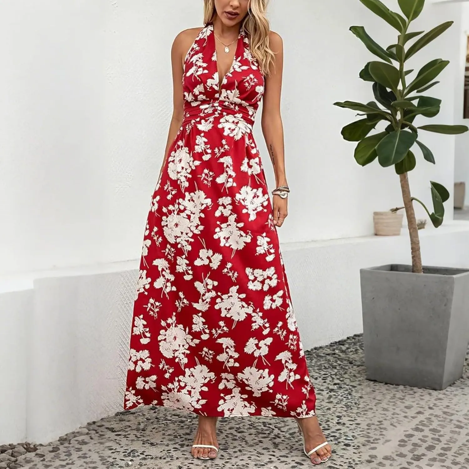 Boho Dresses for Women 2025 Trendy Summer Halter Maxi Dress Casual Loose Long Floral Dress Beach Vacation Dresses