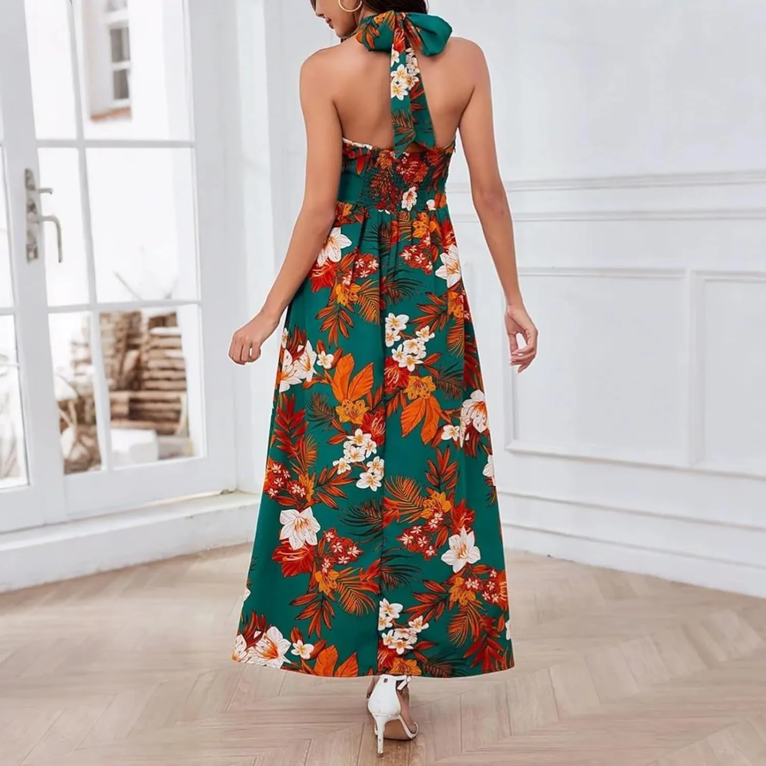 Boho Dresses for Women 2025 Trendy Summer Halter Maxi Dress Casual Loose Long Floral Dress Beach Vacation Dresses