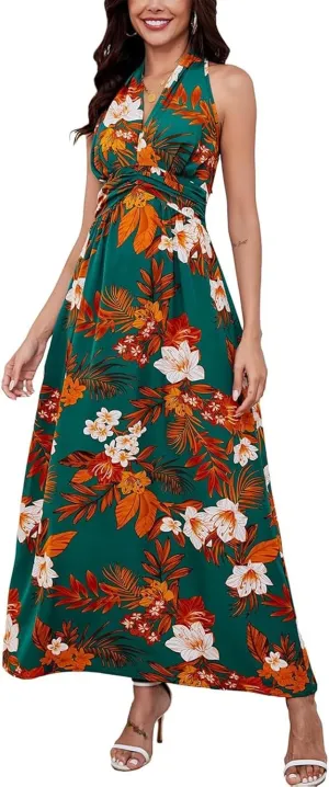 Boho Dresses for Women 2025 Trendy Summer Halter Maxi Dress Casual Loose Long Floral Dress Beach Vacation Dresses