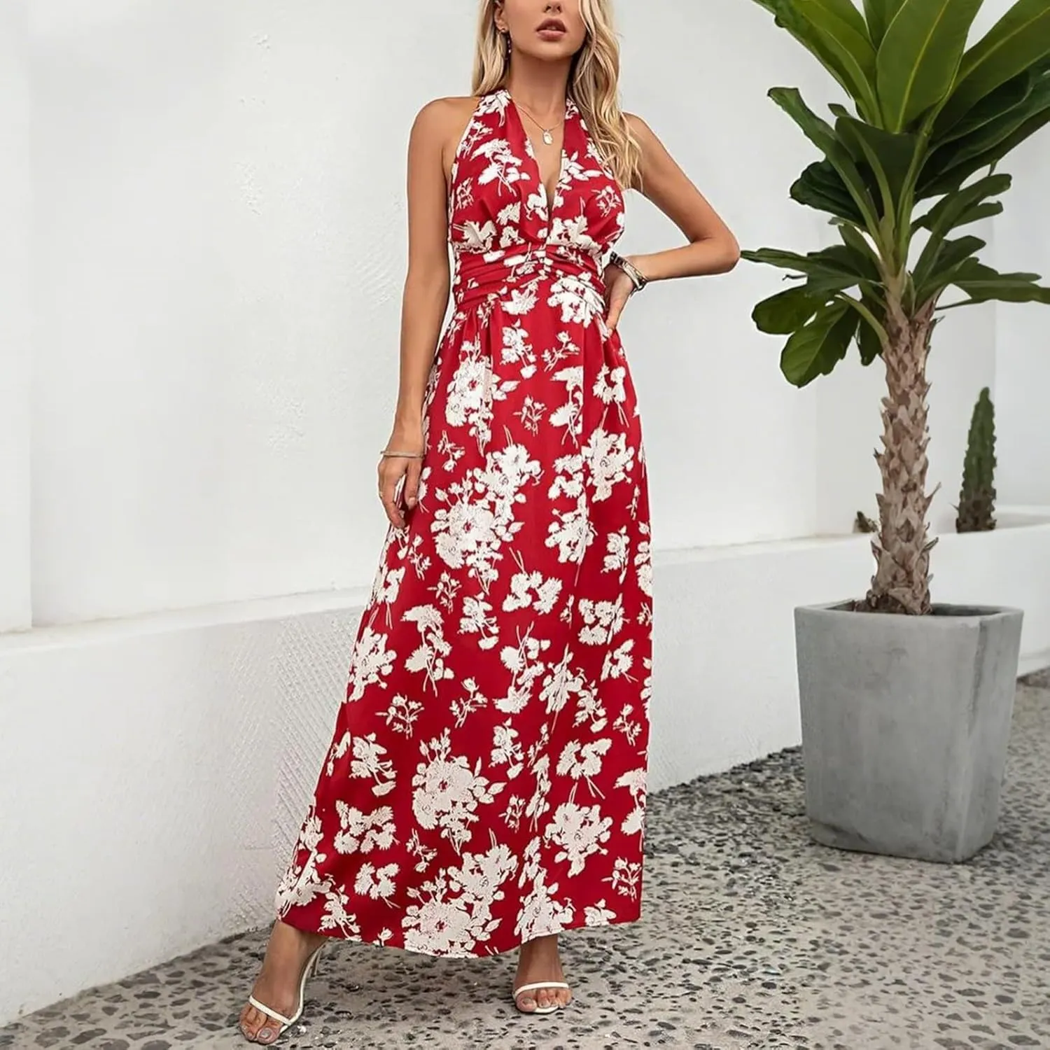 Boho Dresses for Women 2025 Trendy Summer Halter Maxi Dress Casual Loose Long Floral Dress Beach Vacation Dresses