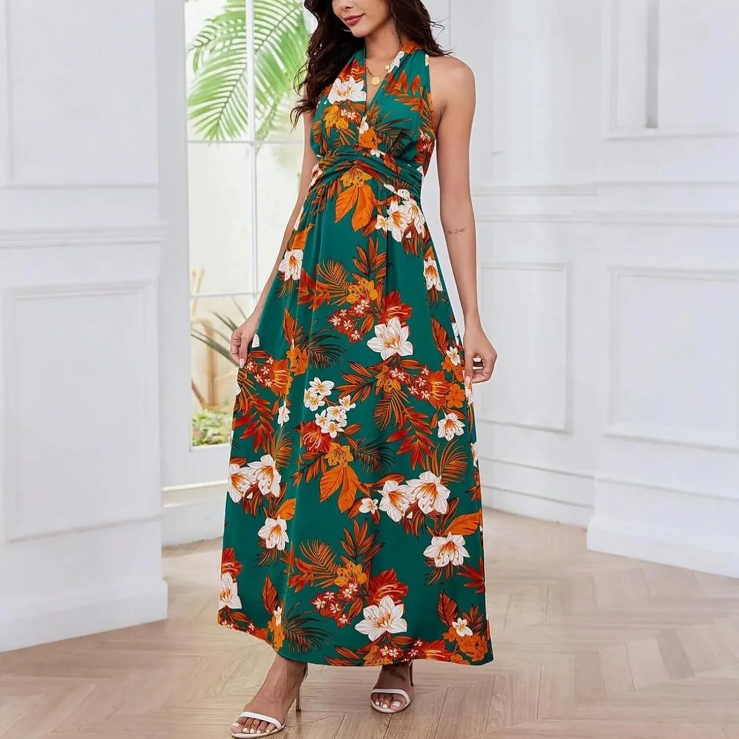 Boho Dresses for Women 2025 Trendy Summer Halter Maxi Dress Casual Loose Long Floral Dress Beach Vacation Dresses