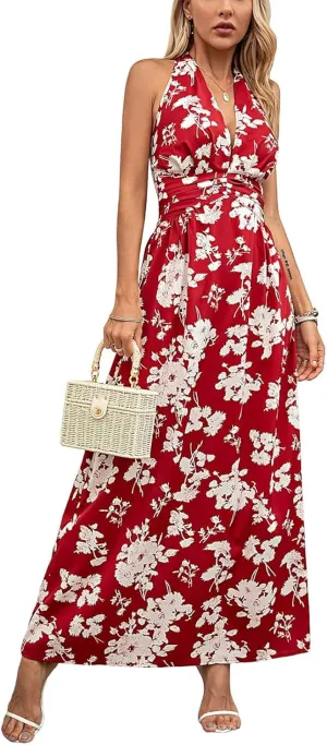 Boho Dresses for Women 2025 Trendy Summer Halter Maxi Dress Casual Loose Long Floral Dress Beach Vacation Dresses