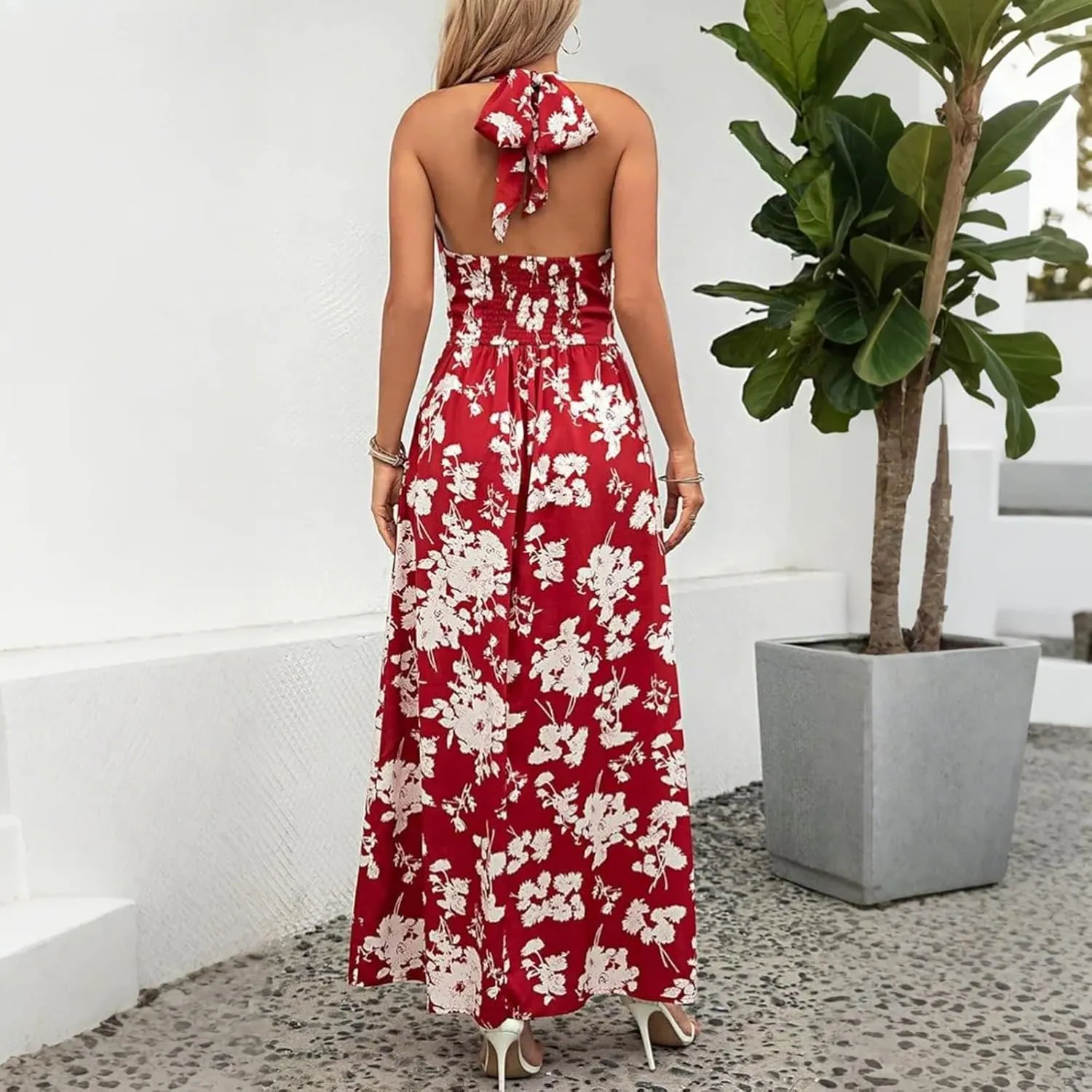 Boho Dresses for Women 2025 Trendy Summer Halter Maxi Dress Casual Loose Long Floral Dress Beach Vacation Dresses