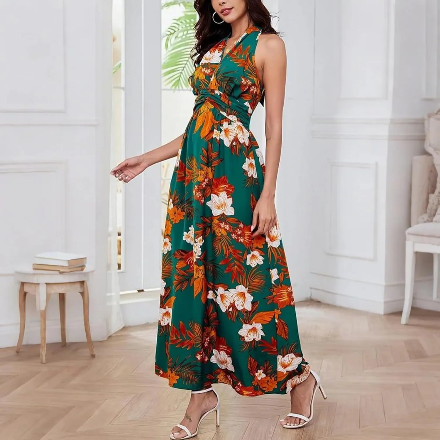 Boho Dresses for Women 2025 Trendy Summer Halter Maxi Dress Casual Loose Long Floral Dress Beach Vacation Dresses