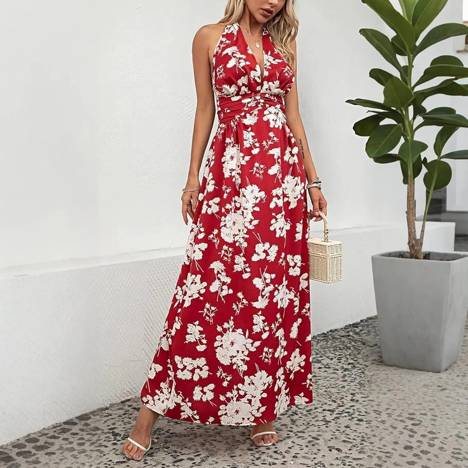 Boho Dresses for Women 2025 Trendy Summer Halter Maxi Dress Casual Loose Long Floral Dress Beach Vacation Dresses