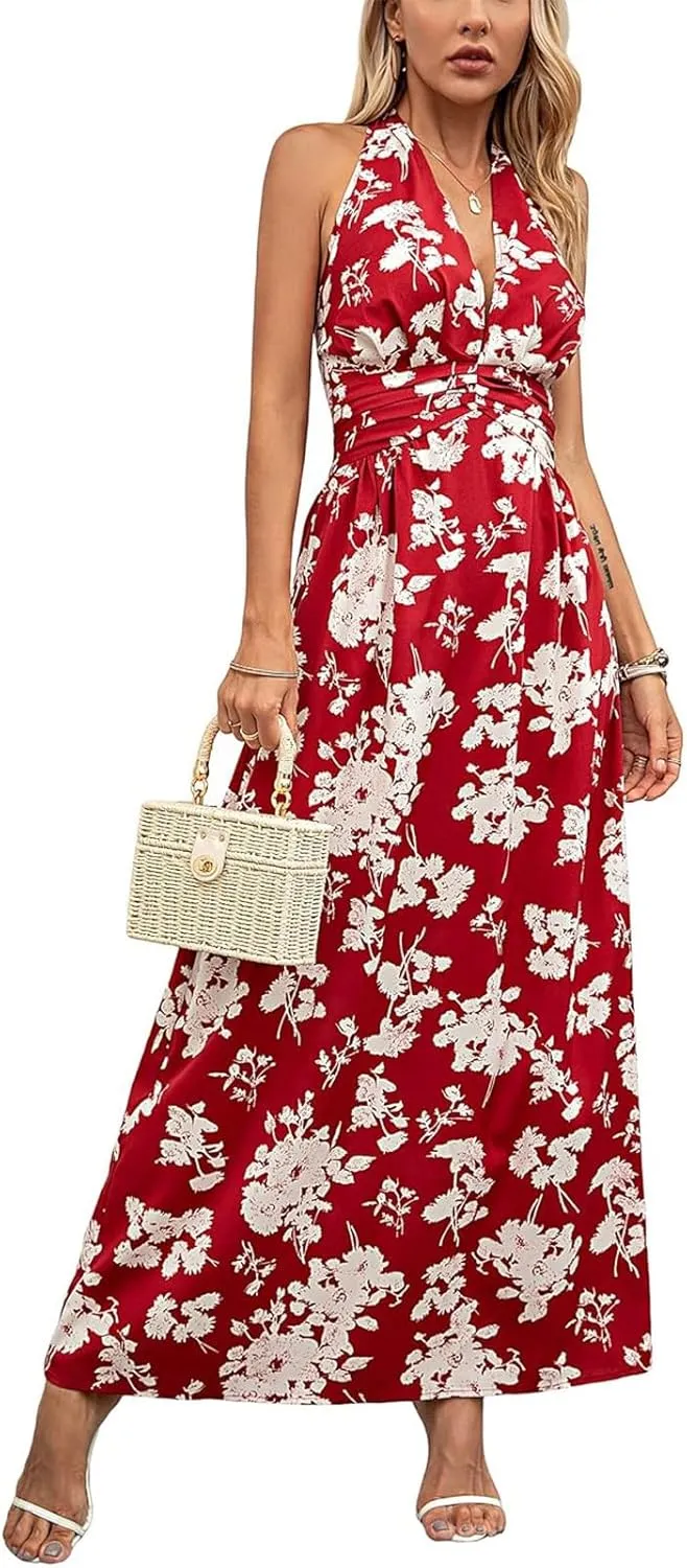 Boho Dresses for Women 2025 Trendy Summer Halter Maxi Dress Casual Loose Long Floral Dress Beach Vacation Dresses
