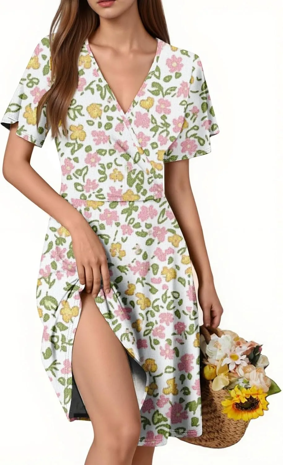 Boho Floral Dress for Women Summer 2025 Wrap Dresses for Women Short Sleeve Sexy V Neck A-Line Vacation Beach Sundress
