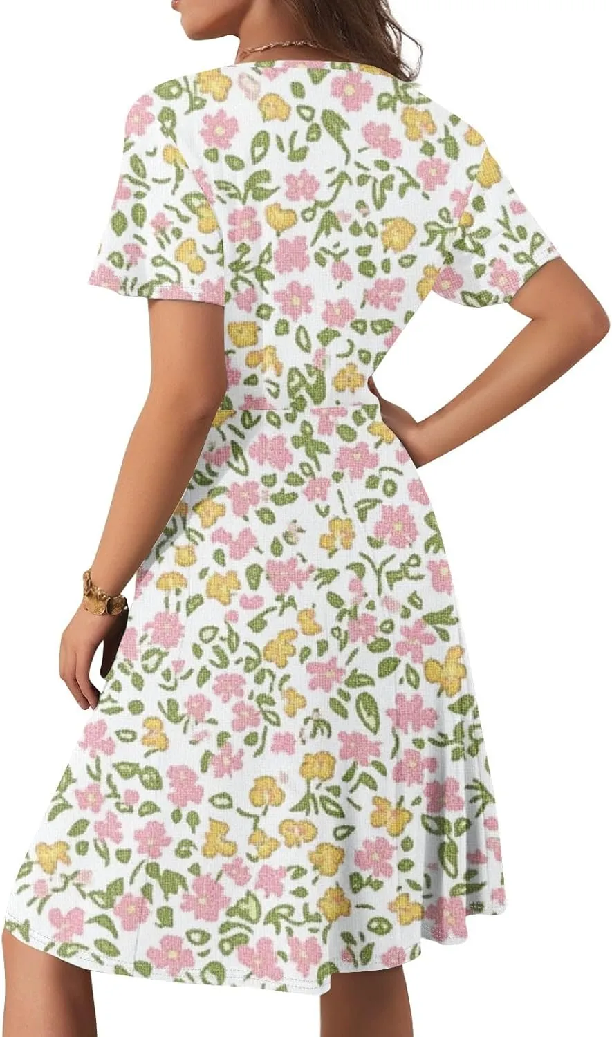Boho Floral Dress for Women Summer 2025 Wrap Dresses for Women Short Sleeve Sexy V Neck A-Line Vacation Beach Sundress