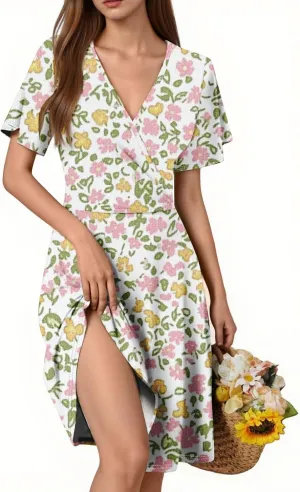 Boho Floral Dress for Women Summer 2025 Wrap Dresses for Women Short Sleeve Sexy V Neck A-Line Vacation Beach Sundress
