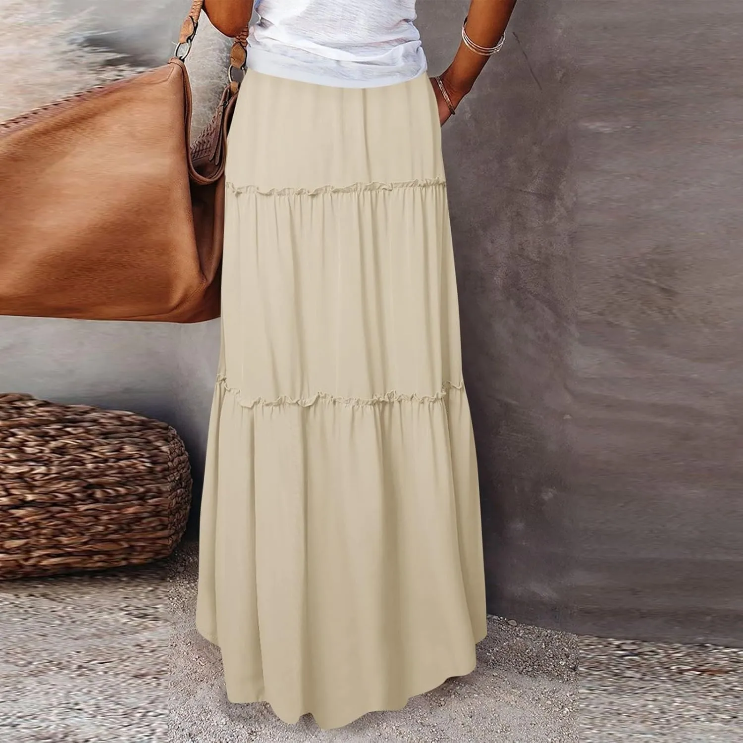 Boho Womens Tiered High Waist Tie Paisley Floral Print Long Maxi Skirt with Pockets
