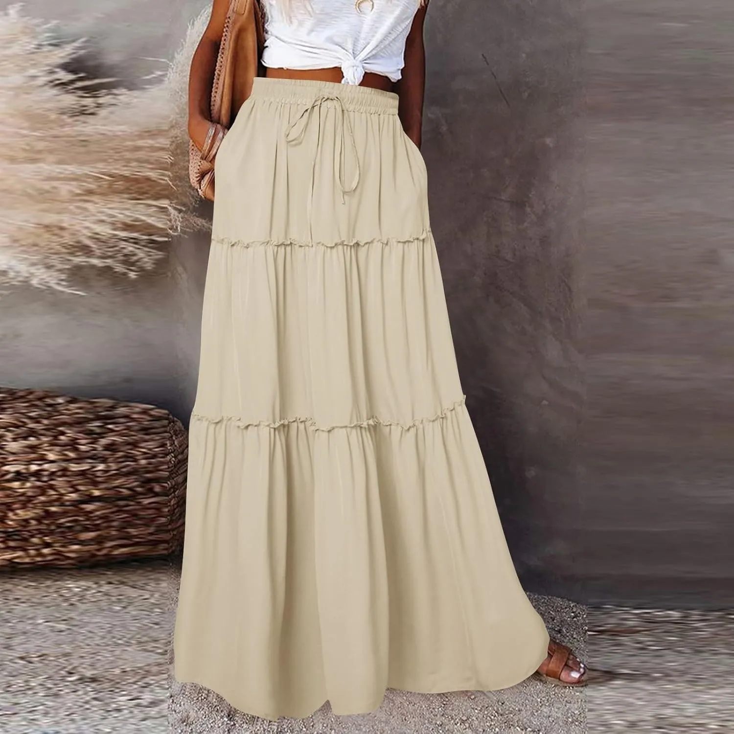 Boho Womens Tiered High Waist Tie Paisley Floral Print Long Maxi Skirt with Pockets