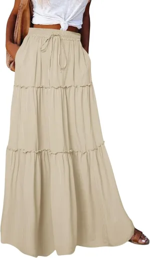 Boho Womens Tiered High Waist Tie Paisley Floral Print Long Maxi Skirt with Pockets
