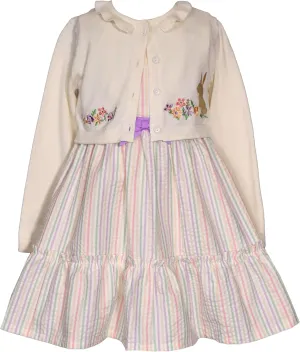 Bonnie Jean Girls Size 3M-6X Easter Bunny Sweater Seersucker Dress