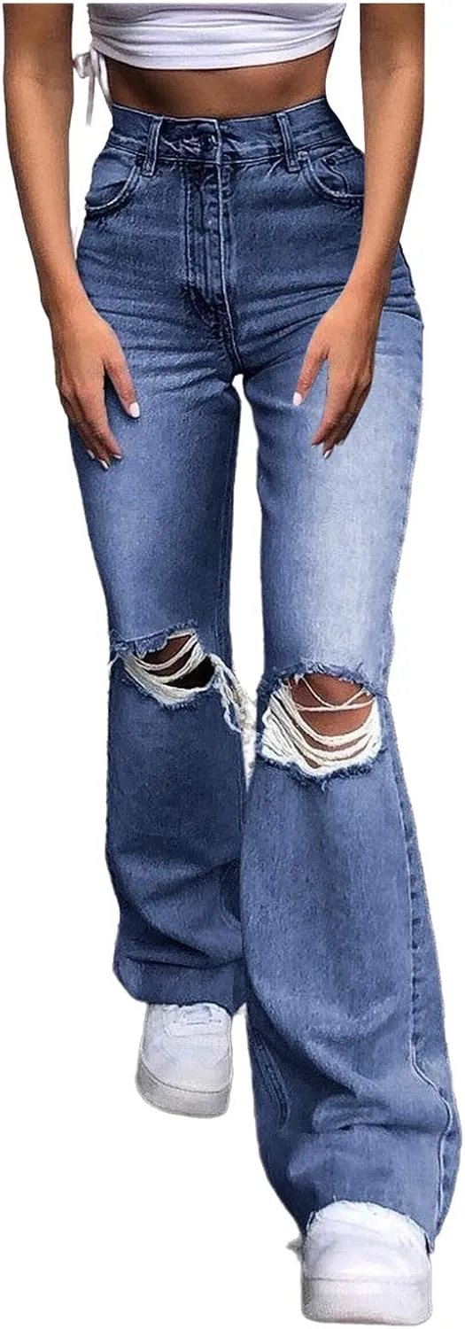 Bootcut Jeans for Women High Waisted Stretchy Flare Pants Ripped Skinny Bell Bottom Denim Pants Distressed Jeans