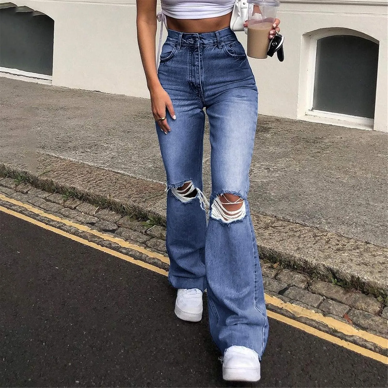 Bootcut Jeans for Women High Waisted Stretchy Flare Pants Ripped Skinny Bell Bottom Denim Pants Distressed Jeans