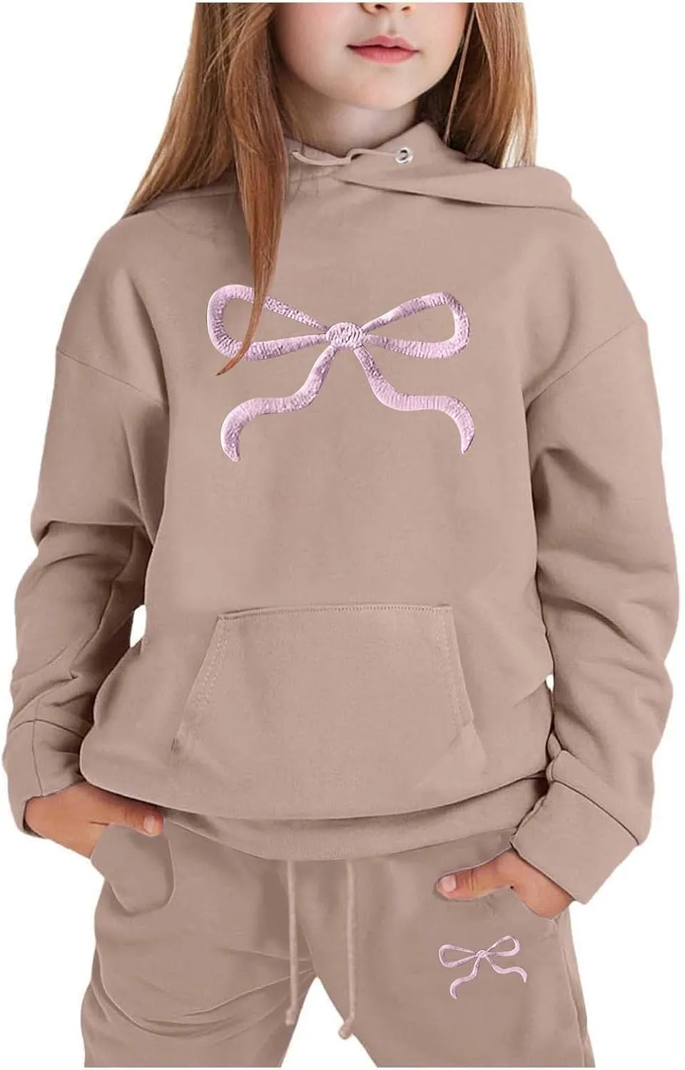 Bow Ribbon Hooded Sweatshirt Set for Boys and Girls 2 Piece Long Sleeve Hoodie Sweatsuit and Jogger Sweatpants Outfits