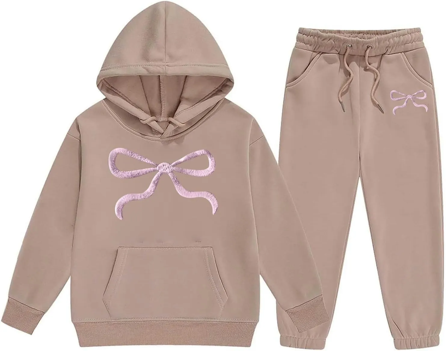 Bow Ribbon Hooded Sweatshirt Set for Boys and Girls 2 Piece Long Sleeve Hoodie Sweatsuit and Jogger Sweatpants Outfits
