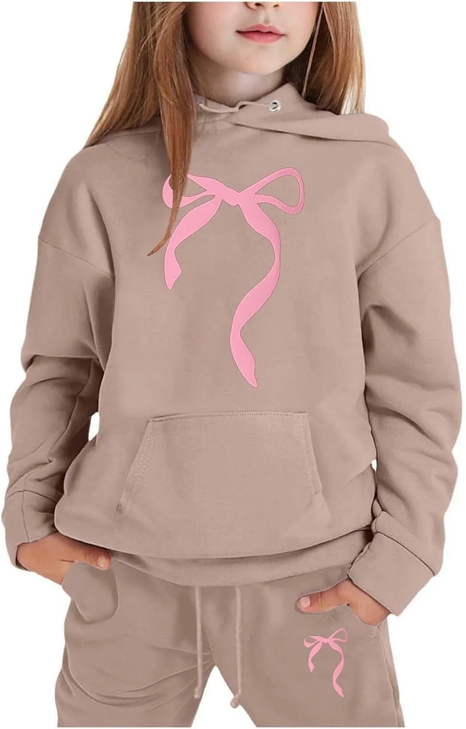 Bow Ribbon Hooded Sweatshirt Set for Boys and Girls 2 Piece Long Sleeve Hoodie Sweatsuit and Jogger Sweatpants Outfits