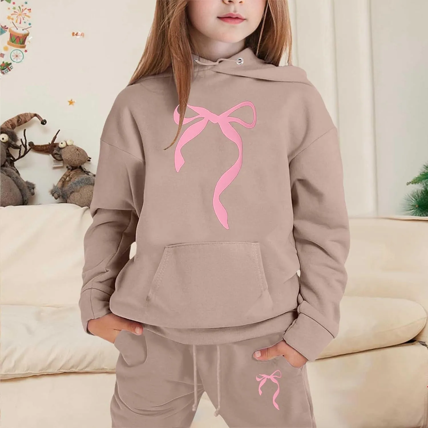 Bow Ribbon Hooded Sweatshirt Set for Boys and Girls 2 Piece Long Sleeve Hoodie Sweatsuit and Jogger Sweatpants Outfits