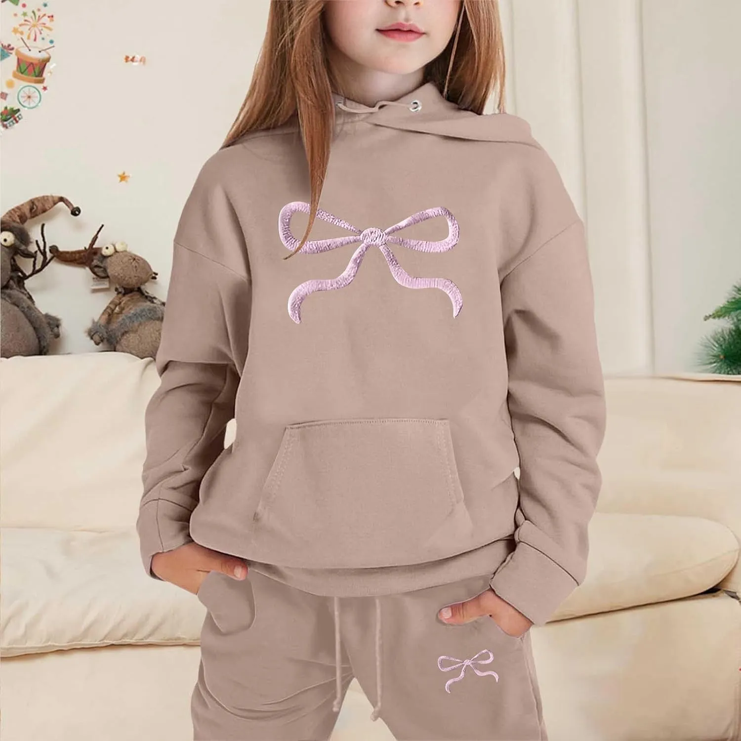Bow Ribbon Hooded Sweatshirt Set for Boys and Girls 2 Piece Long Sleeve Hoodie Sweatsuit and Jogger Sweatpants Outfits