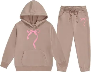 Bow Ribbon Hooded Sweatshirt Set for Boys and Girls 2 Piece Long Sleeve Hoodie Sweatsuit and Jogger Sweatpants Outfits