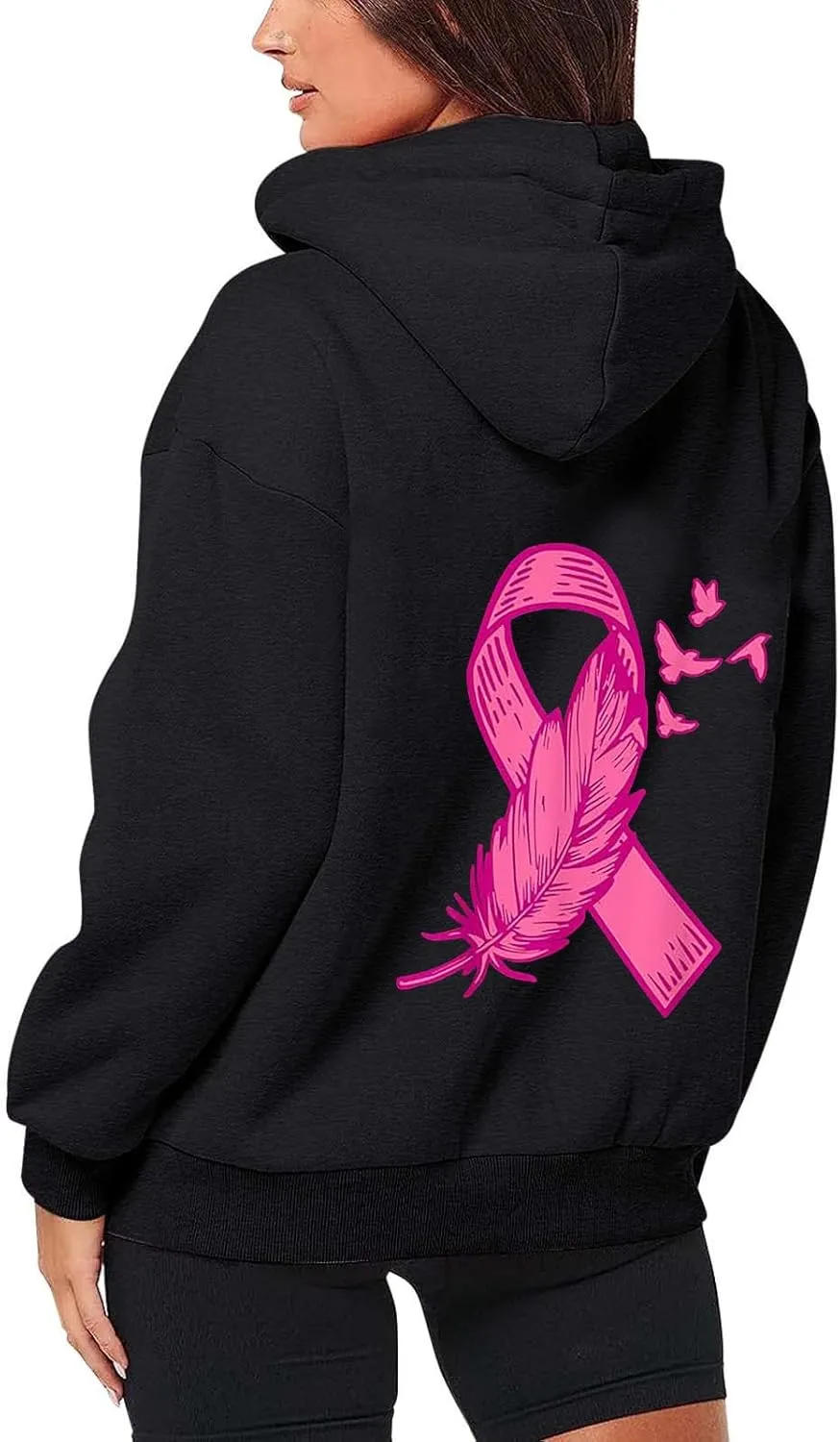 Breast Cancer Awareness Hoodies for Women Pink Ribbon Heart Graphic Sweatshirts Oversized Zip Up Hooded Tops