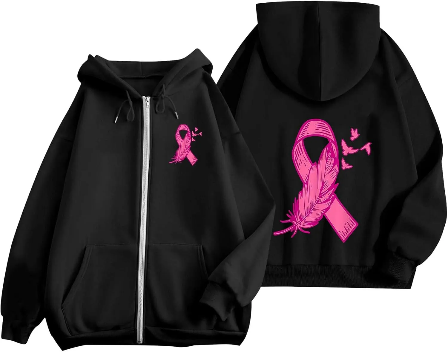 Breast Cancer Awareness Hoodies for Women Pink Ribbon Heart Graphic Sweatshirts Oversized Zip Up Hooded Tops