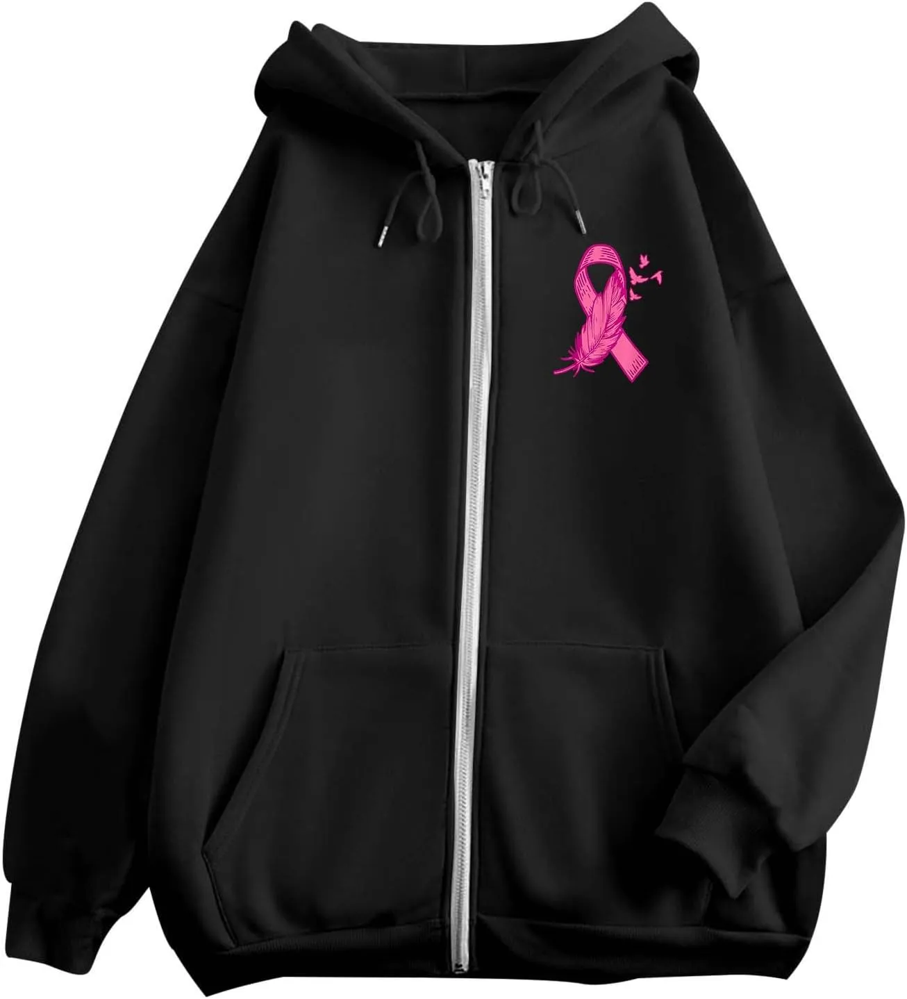 Breast Cancer Awareness Hoodies for Women Pink Ribbon Heart Graphic Sweatshirts Oversized Zip Up Hooded Tops
