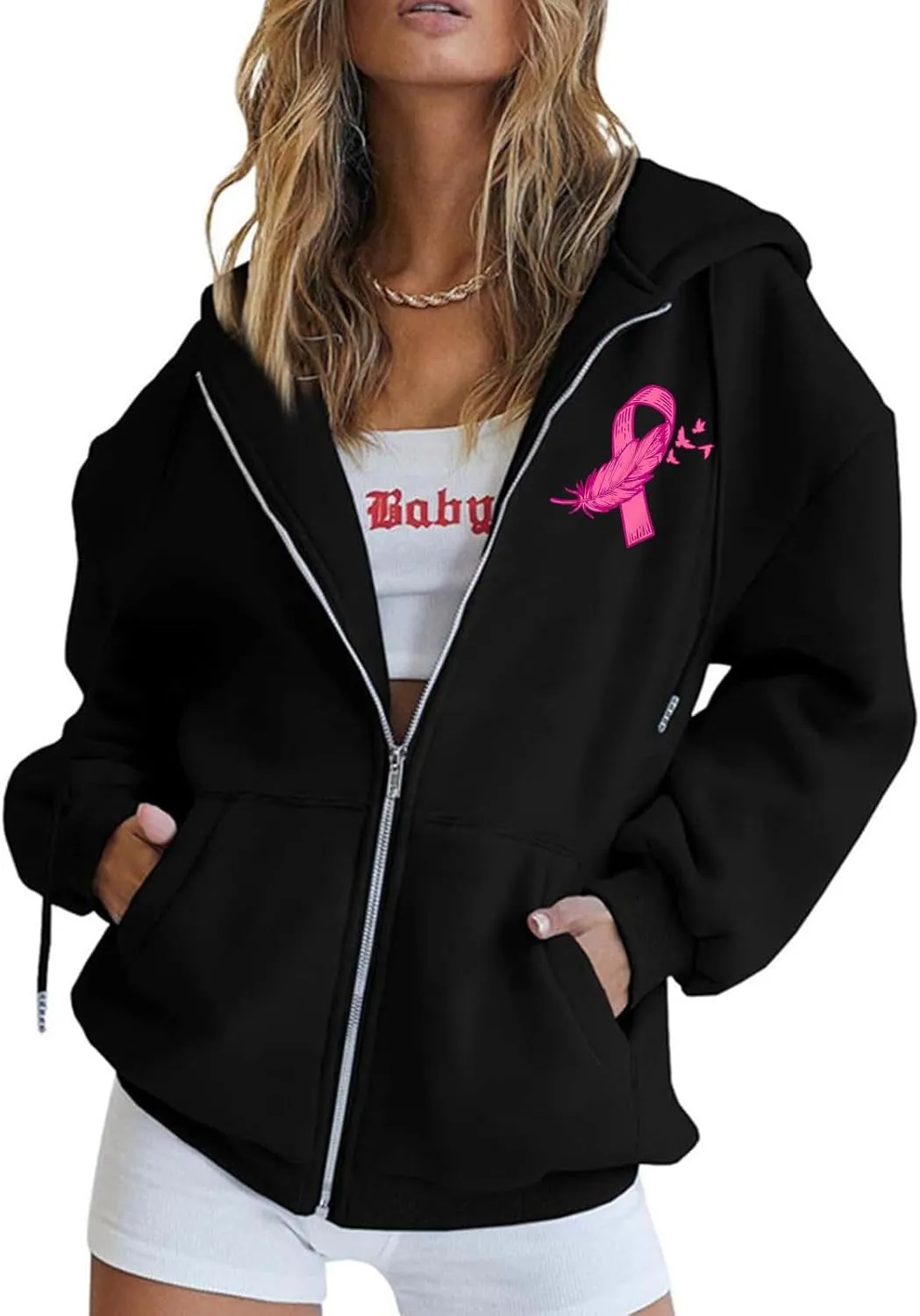 Breast Cancer Awareness Hoodies for Women Pink Ribbon Heart Graphic Sweatshirts Oversized Zip Up Hooded Tops