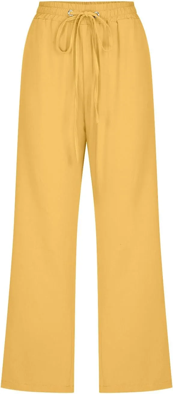 Capri Pants for Women Casual Summer Cotton Linen Cropped Pants Elastic Waist Drawstring Loose Capri Slacks with Pockets