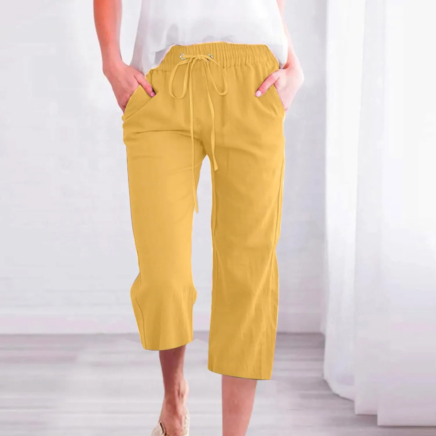 Capri Pants for Women Casual Summer Cotton Linen Cropped Pants Elastic Waist Drawstring Loose Capri Slacks with Pockets
