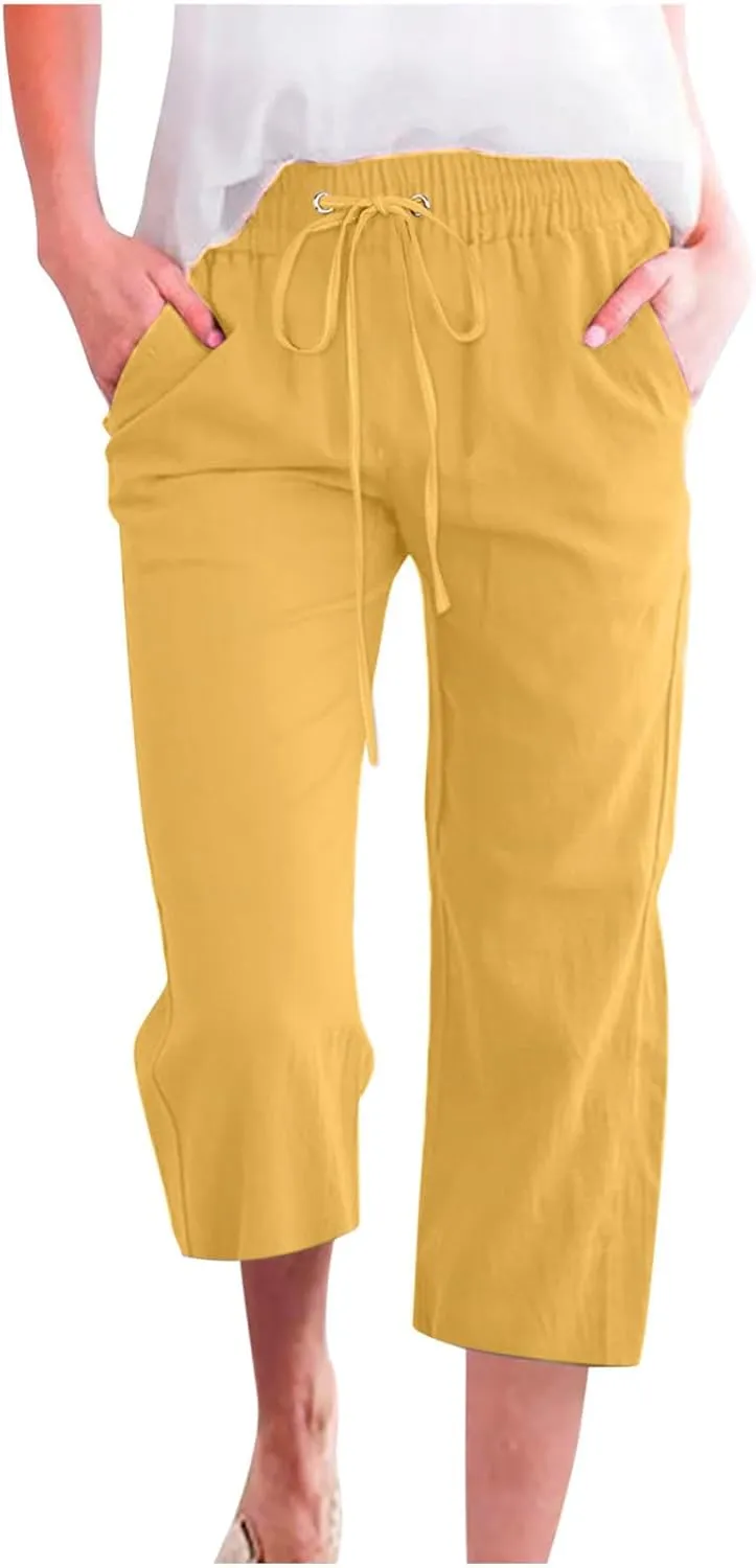 Capri Pants for Women Casual Summer Cotton Linen Cropped Pants Elastic Waist Drawstring Loose Capri Slacks with Pockets