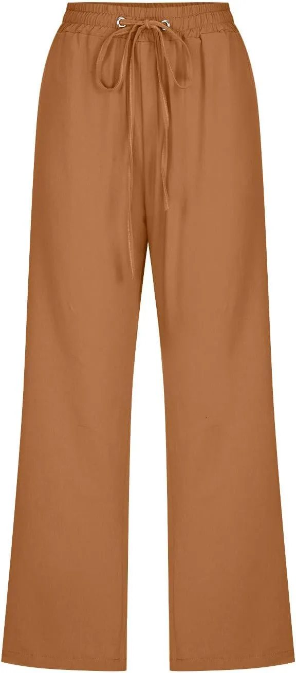 Capri Pants for Women Casual Summer Cotton Linen Cropped Pants Elastic Waist Drawstring Loose Capri Slacks with Pockets