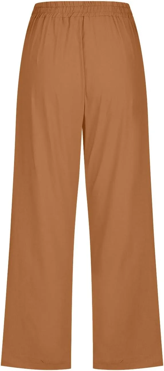 Capri Pants for Women Casual Summer Cotton Linen Cropped Pants Elastic Waist Drawstring Loose Capri Slacks with Pockets