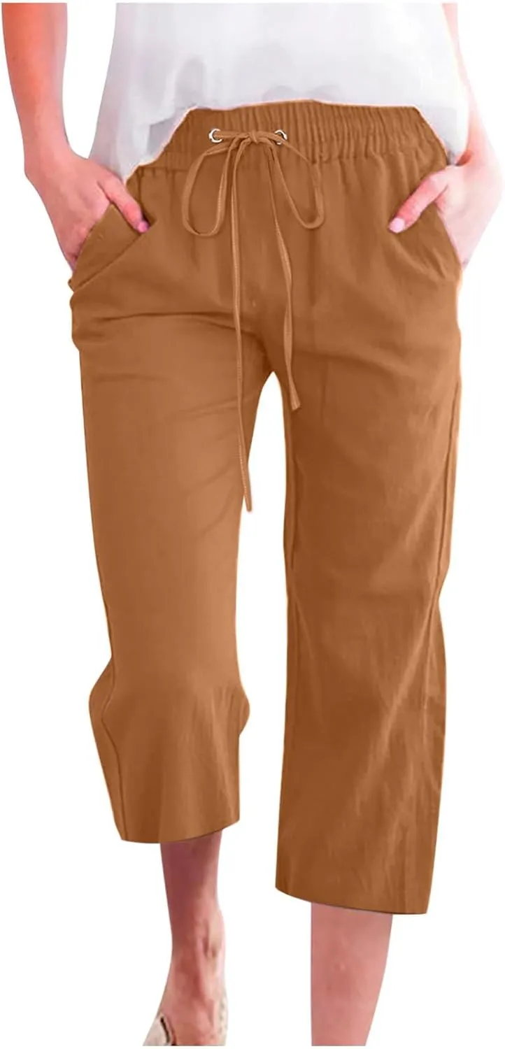 Capri Pants for Women Casual Summer Cotton Linen Cropped Pants Elastic Waist Drawstring Loose Capri Slacks with Pockets