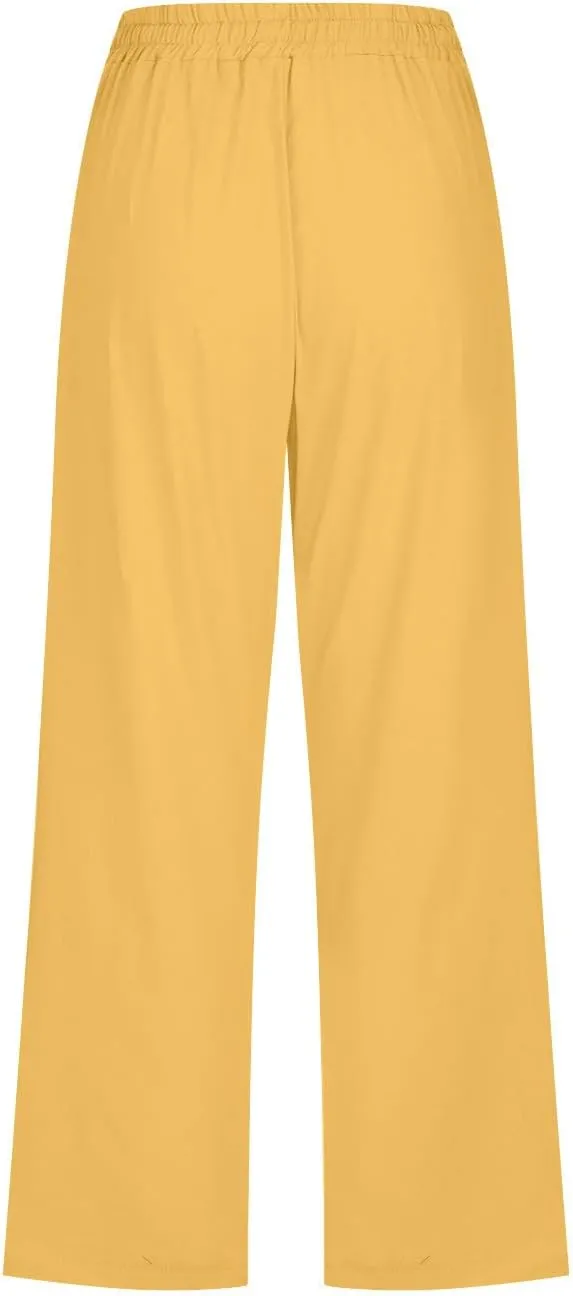 Capri Pants for Women Casual Summer Cotton Linen Cropped Pants Elastic Waist Drawstring Loose Capri Slacks with Pockets