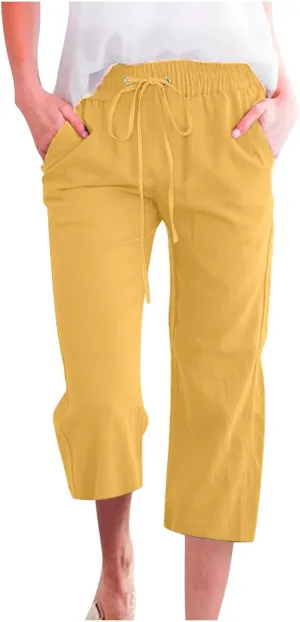 Capri Pants for Women Casual Summer Cotton Linen Cropped Pants Elastic Waist Drawstring Loose Capri Slacks with Pockets