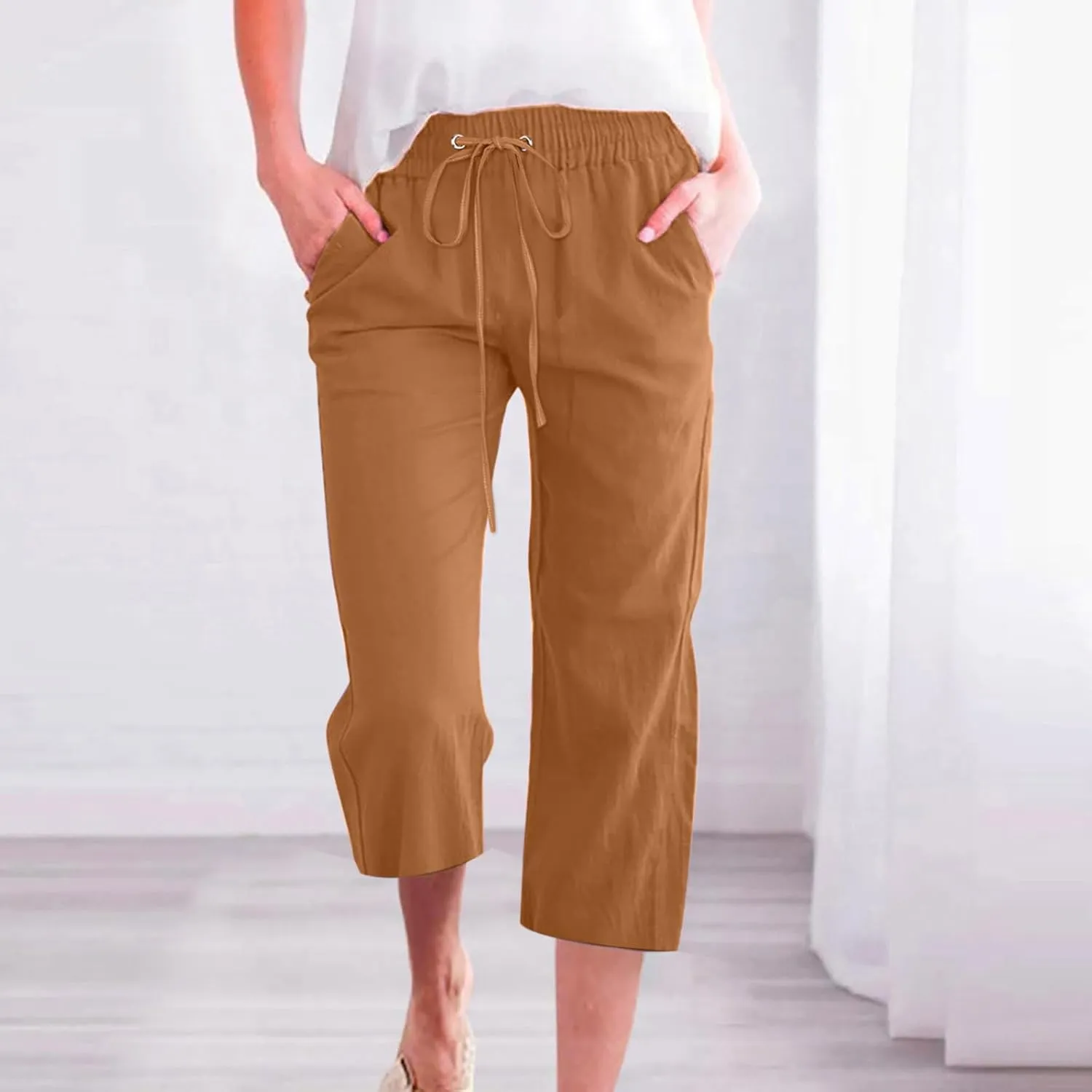 Capri Pants for Women Casual Summer Cotton Linen Cropped Pants Elastic Waist Drawstring Loose Capri Slacks with Pockets