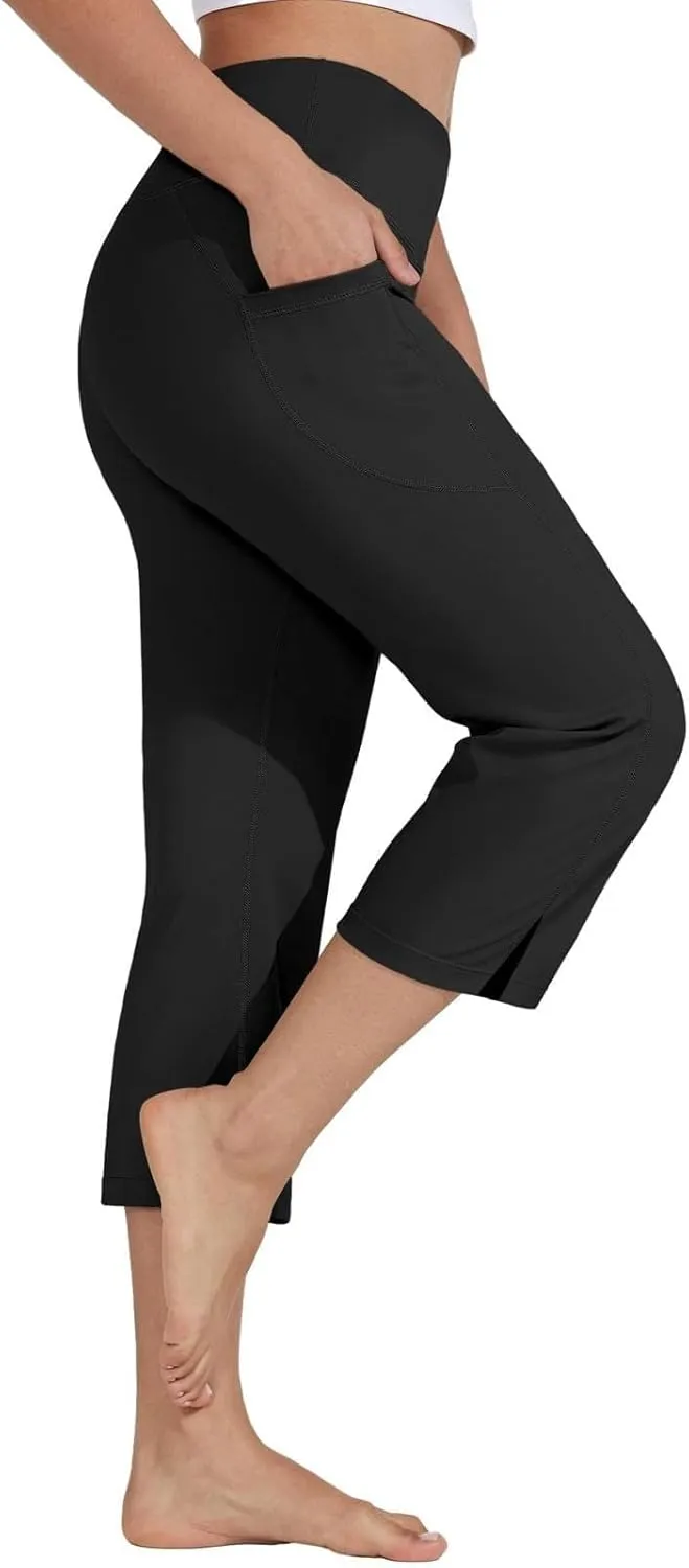 Capri Pants for Women Dressy Casual Stretch Wide Leg Yoga Dress Capris Summer Loose Split Work Crop Pant with Pocket