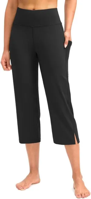 Capri Pants for Women Dressy Casual Stretch Wide Leg Yoga Dress Capris Summer Loose Split Work Crop Pant with Pocket