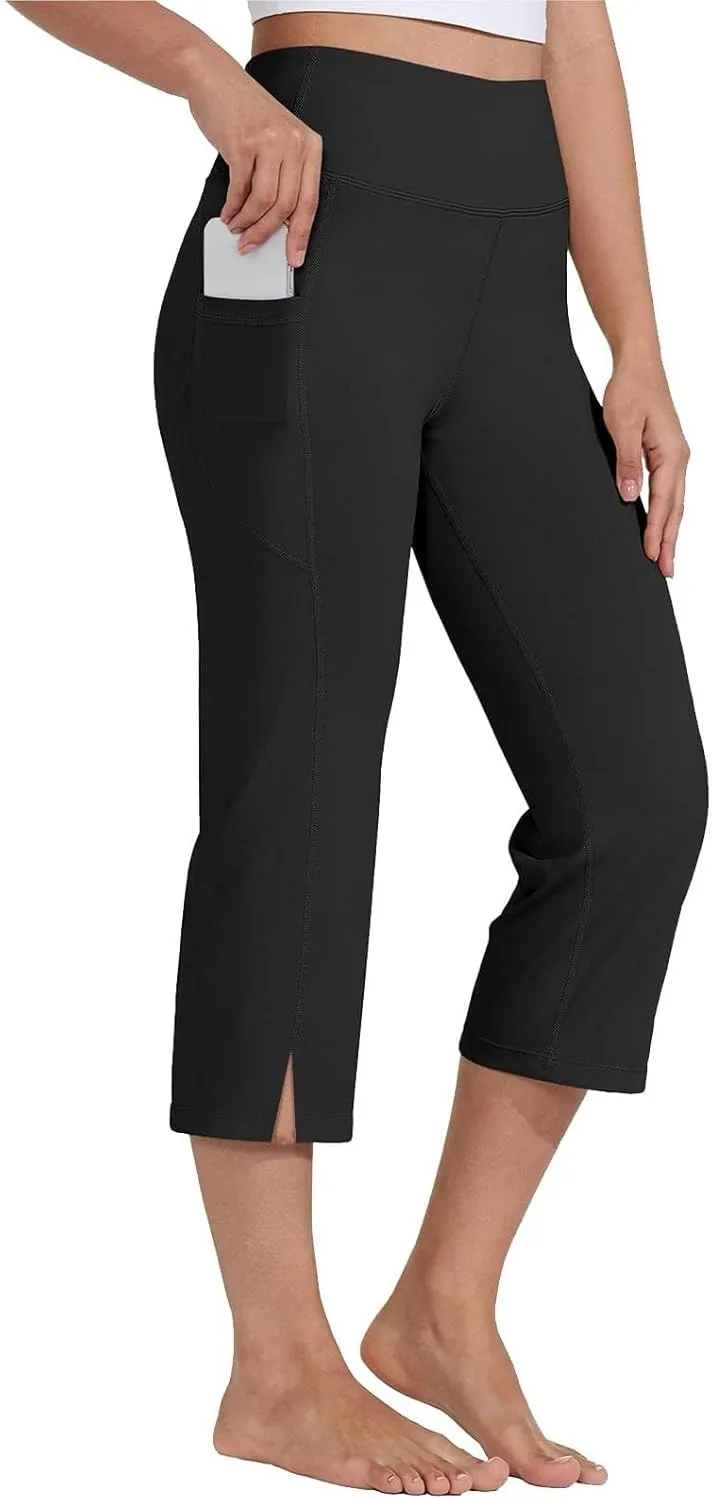 Capri Pants for Women Dressy Casual Stretch Wide Leg Yoga Dress Capris Summer Loose Split Work Crop Pant with Pocket