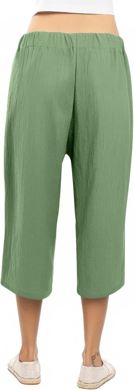 Capri Pants for Women Linen 2025 Summer Pants High Waisted Drawstring Work Straight Wide Leg Pockets Cropped Trouser