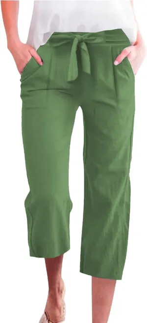 Capri Pants for Women Linen 2025 Summer Pants High Waisted Drawstring Work Straight Wide Leg Pockets Cropped Trouser