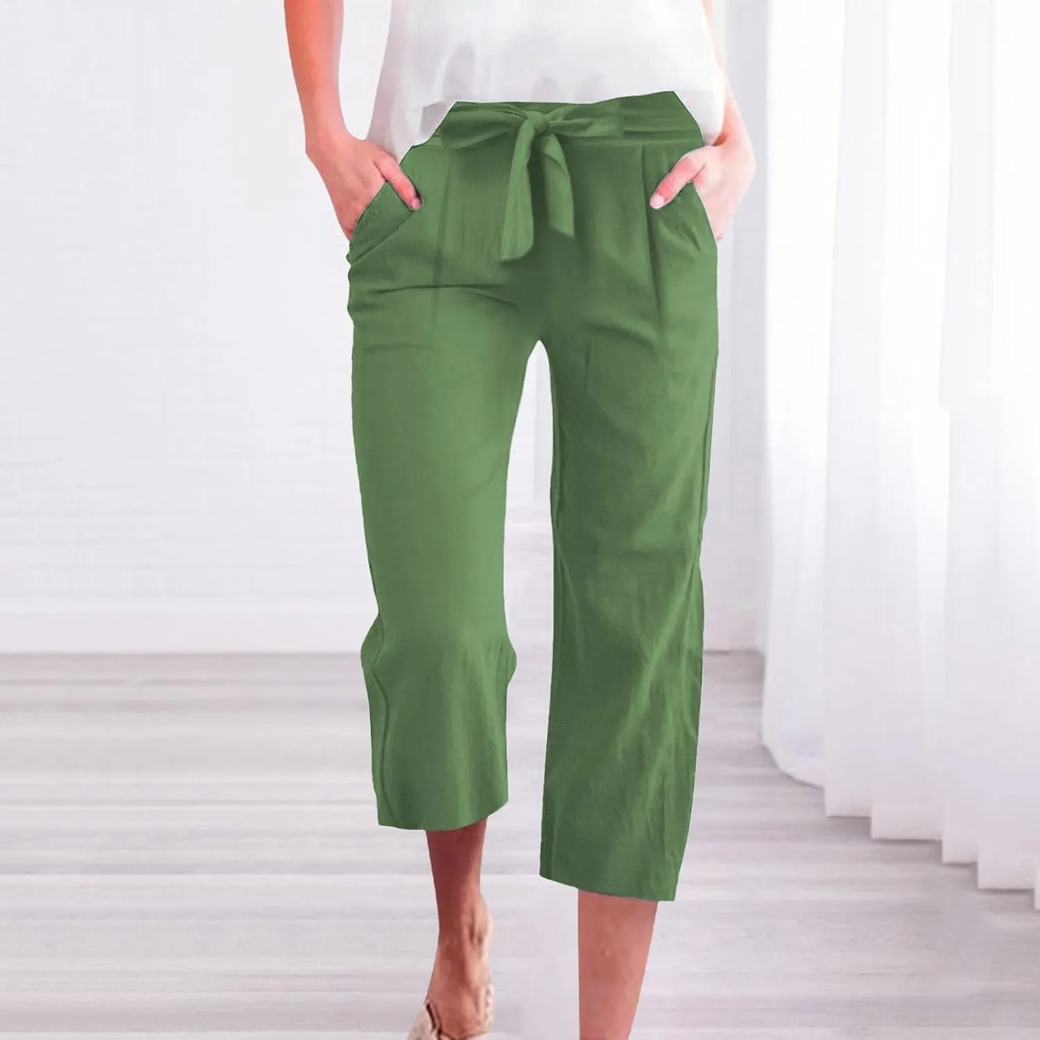 Capri Pants for Women Linen 2025 Summer Pants High Waisted Drawstring Work Straight Wide Leg Pockets Cropped Trouser