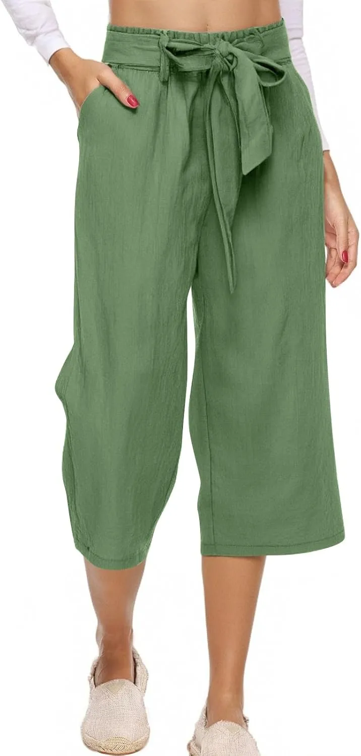 Capri Pants for Women Linen 2025 Summer Pants High Waisted Drawstring Work Straight Wide Leg Pockets Cropped Trouser